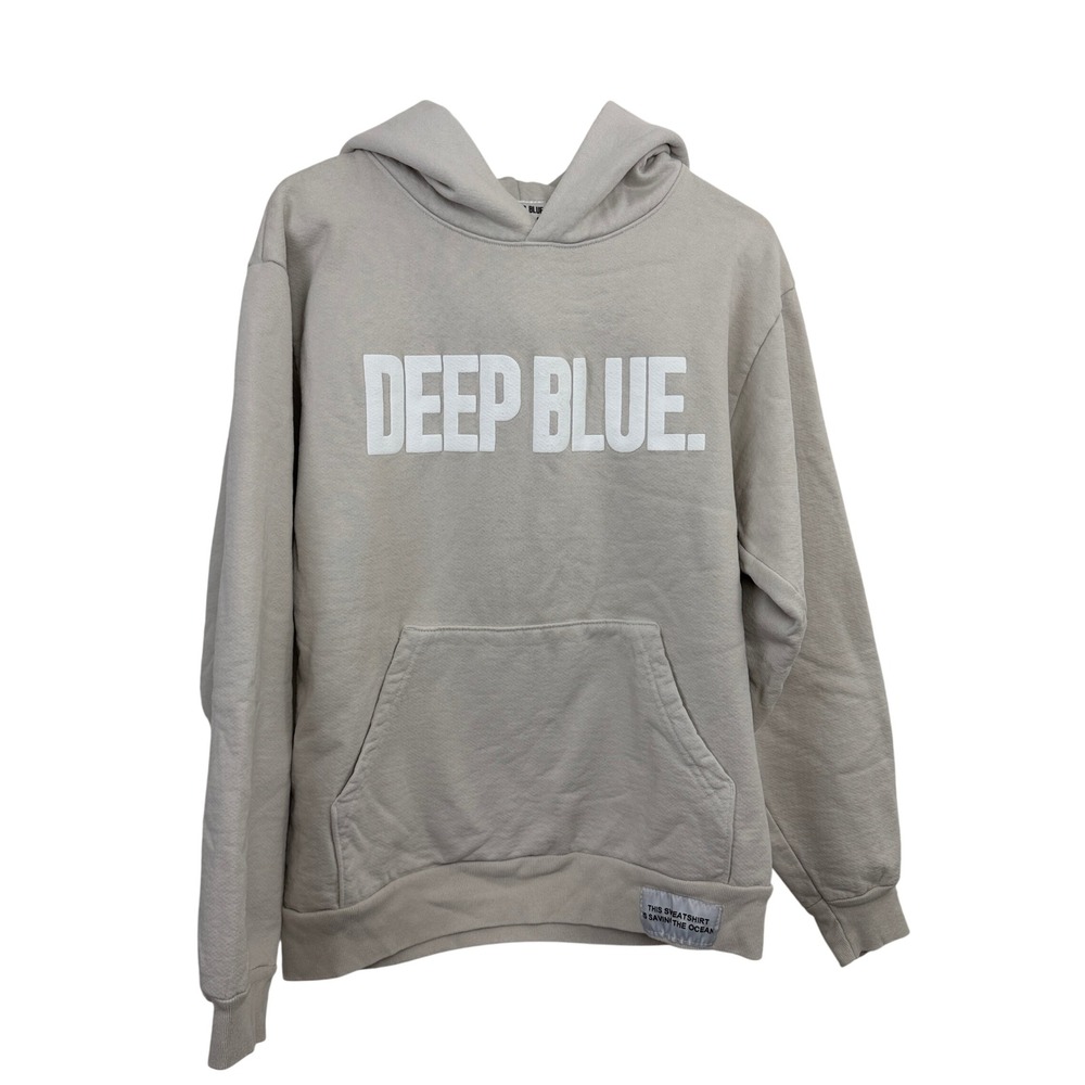 Deep Blue Hoodie Mens Small Beige Graphic Print Pullover Sweatshirt Made in LA
